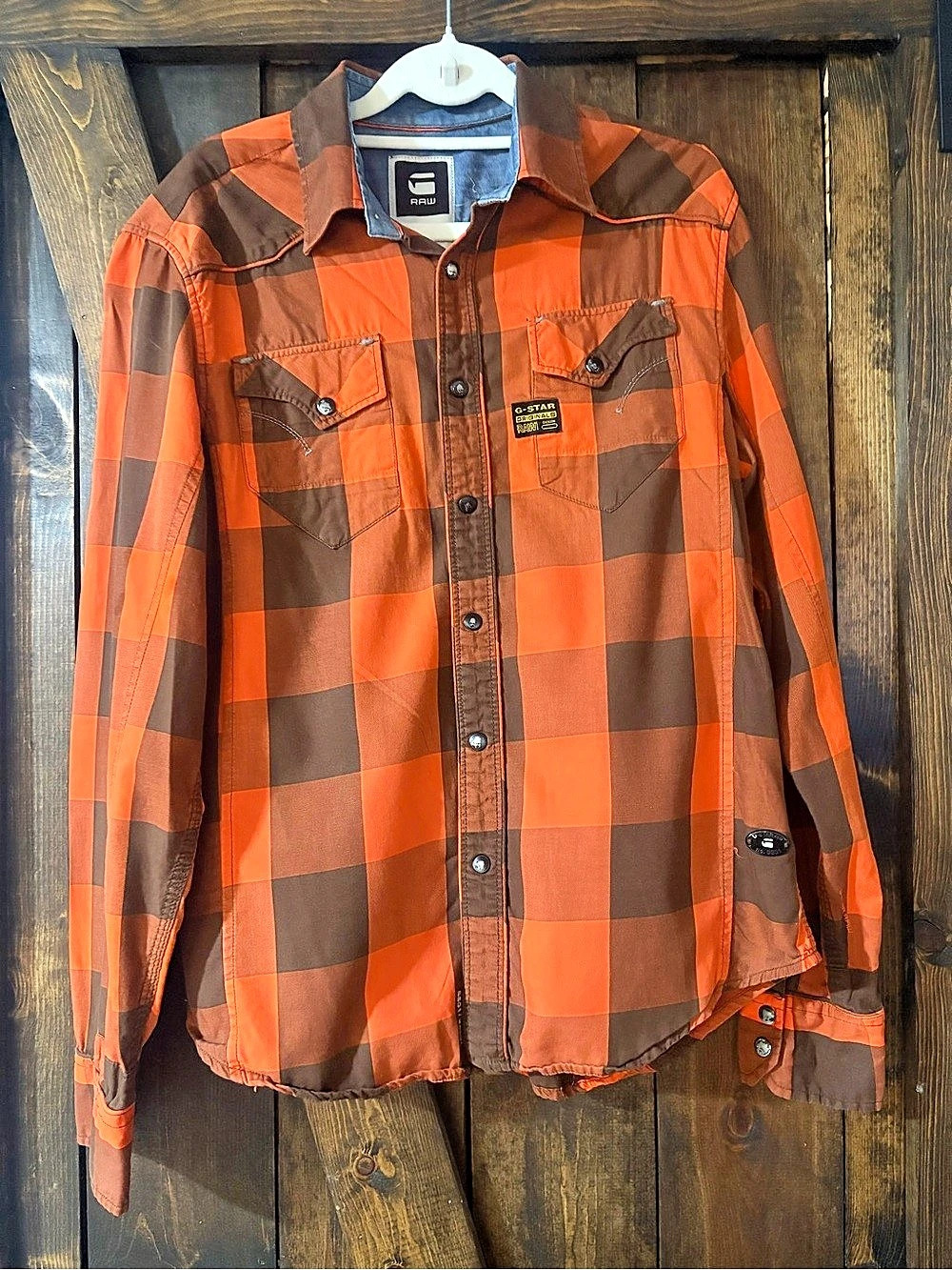 G-Star RAW Originals Plaid Button Down in Orange & Brown Size Medium Like New